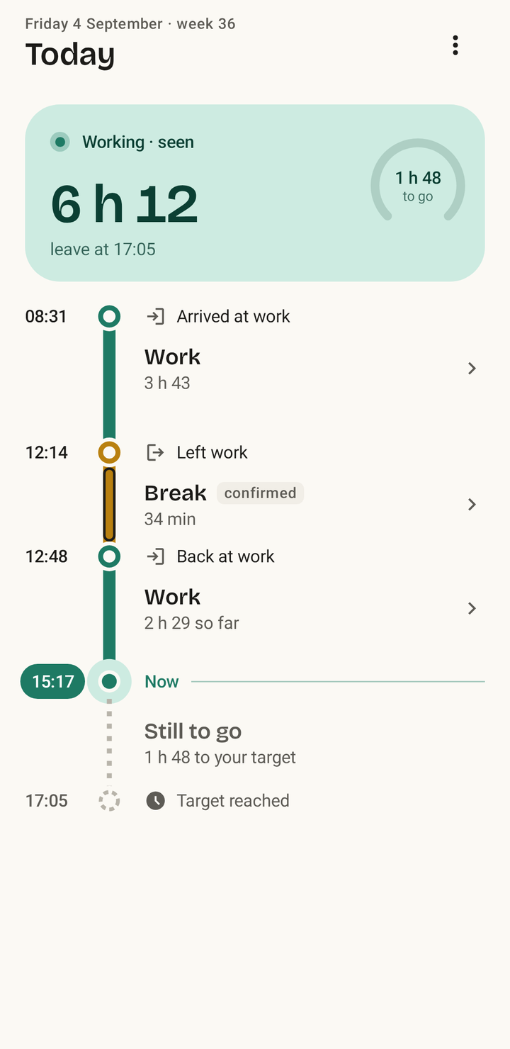Presence Today screen: Working, 6 h 12 worked, leave at 17:05, with a timeline of work from 08:31, a 34 minute break from 12:14 and work since 12:48